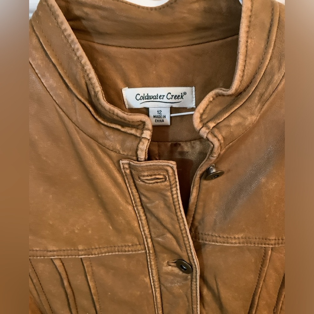 Coldwater Creek Butter Soft Tan Leather Jacket Adult Size 12 Large Preloved - Picture 3 of 12